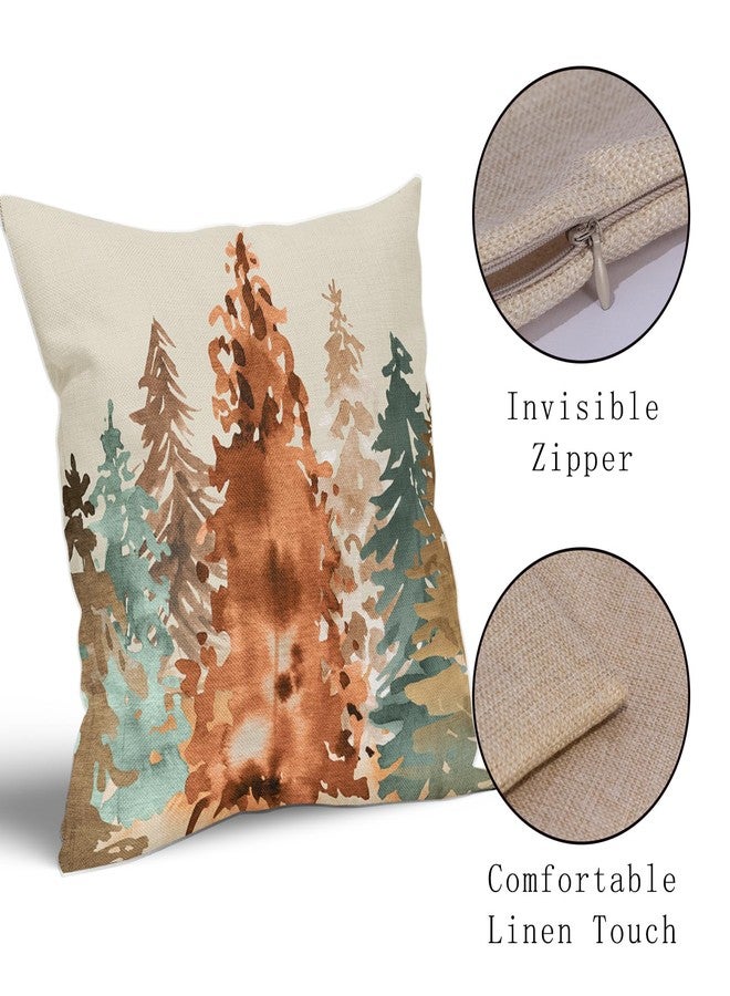 Sweetshow Fall Pillow Covers 18x18 Set of 2 Rustic Style Watercolor Tree Brown Blue Orange Autumn Color Nature Themed Forest Print Decorative Throw Pillows Outdoor Linen Cushion Case Decor for Sofa Couch Bed - Image 4