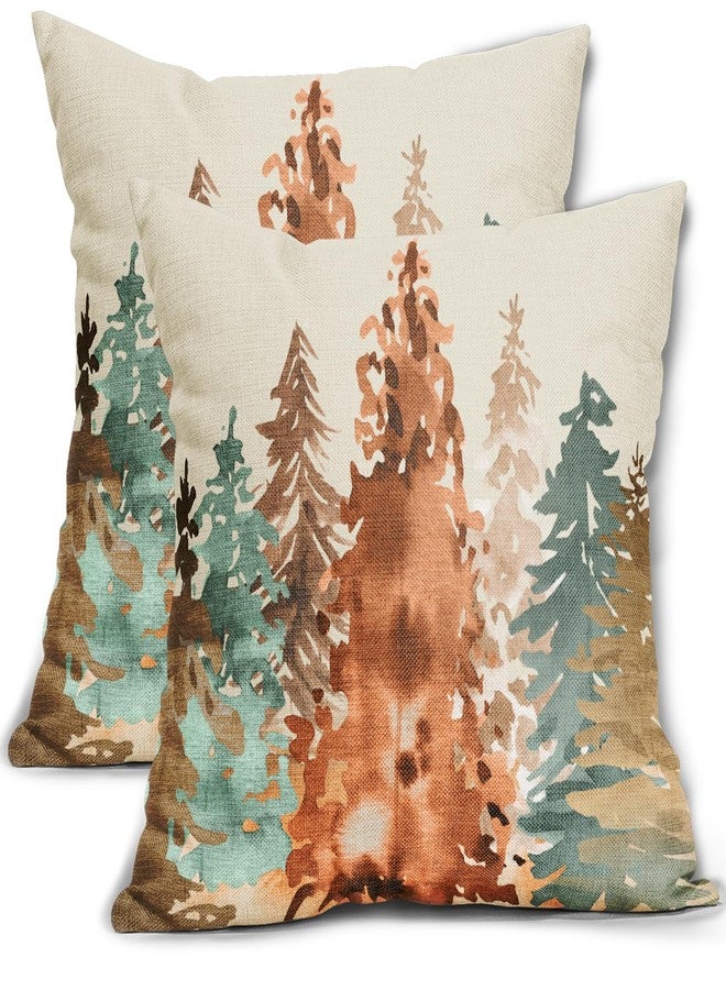 Sweetshow Fall Pillow Covers 18x18 Set of 2 Rustic Style Watercolor Tree Brown Blue Orange Autumn Color Nature Themed Forest Print Decorative Throw Pillows Outdoor Linen Cushion Case Decor for Sofa Couch Bed - Image 1