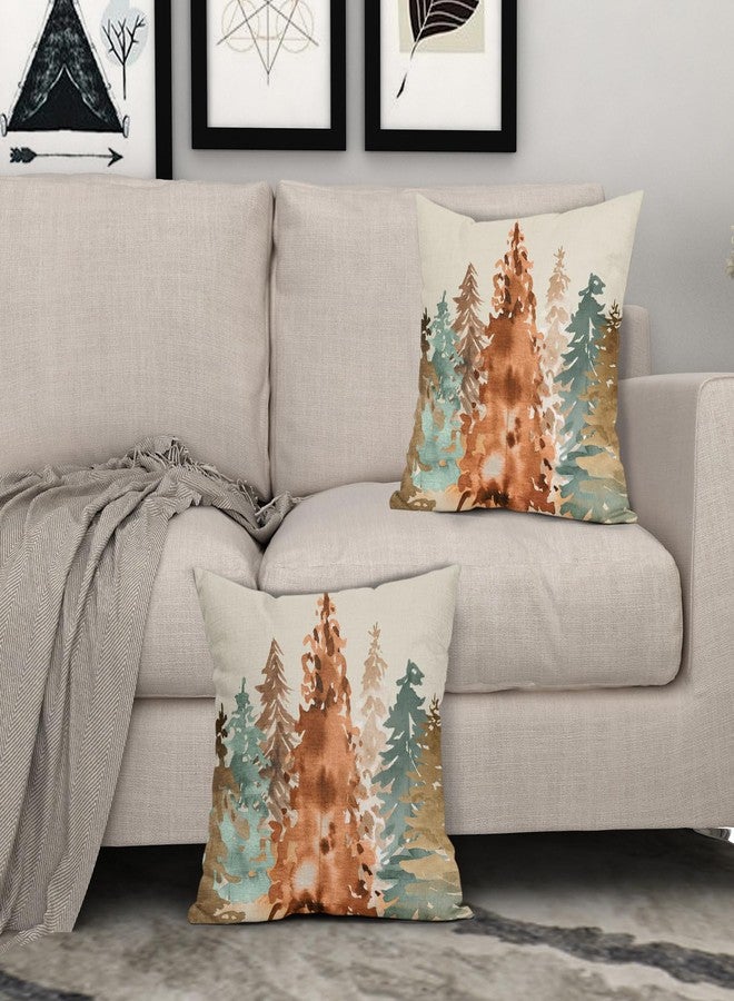 Sweetshow Fall Pillow Covers 18x18 Set of 2 Rustic Style Watercolor Tree Brown Blue Orange Autumn Color Nature Themed Forest Print Decorative Throw Pillows Outdoor Linen Cushion Case Decor for Sofa Couch Bed - Image 3