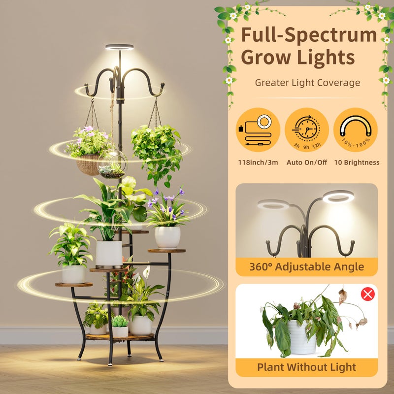 BACEKOLL Plant Stand Indoor with Grow Light - 72" Tall Plant Shelf Indoor, 5 Tiered Corner Plant Stands for Indoor Plants, Hanging Plant Holder Flower Display Holders for Living Room, Balcony Decor - Image 3