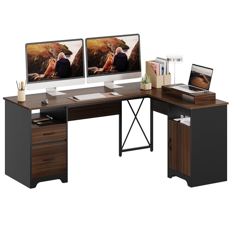 Bestier L Shaped Desk with File Drawers 63 x 47 Office Computer Desk with Storage Cabinet Corner Desk with Monitor Stand Modesty Panel for Home Office Cherry