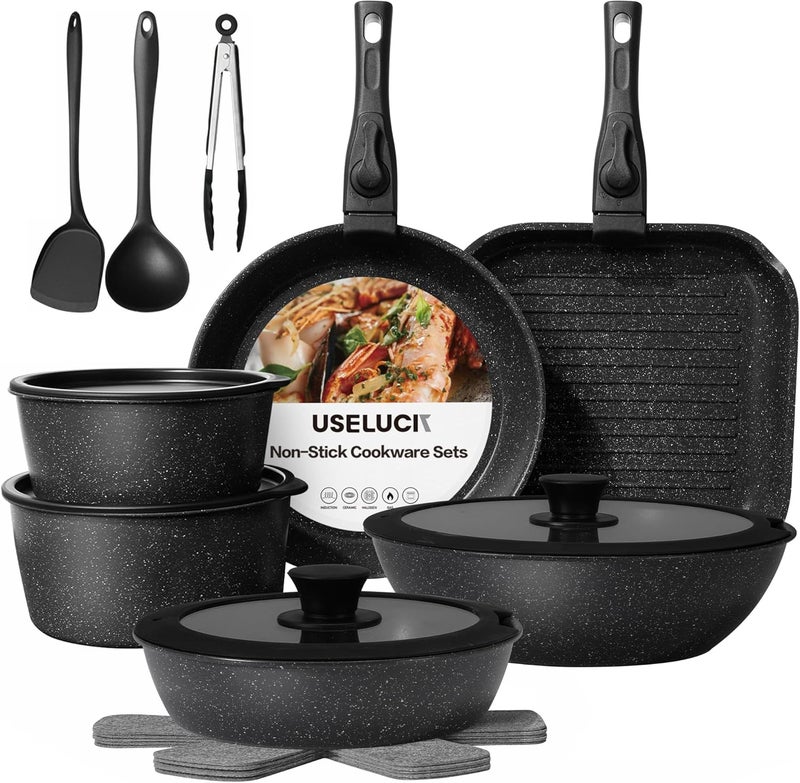 USELUCK 20 Pcs Pots and Pans Set Non Stick, Stackable Cookware Sets with Detachable Handle, Granite Induction RV Kitchen Portable Cooking Set Removable Handles, Dishwasher ＆ Oven Safe, Black - Image 1