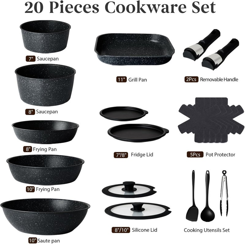 USELUCK 20 Pcs Pots and Pans Set Non Stick, Stackable Cookware Sets with Detachable Handle, Granite Induction RV Kitchen Portable Cooking Set Removable Handles, Dishwasher ＆ Oven Safe, Black - Image 5