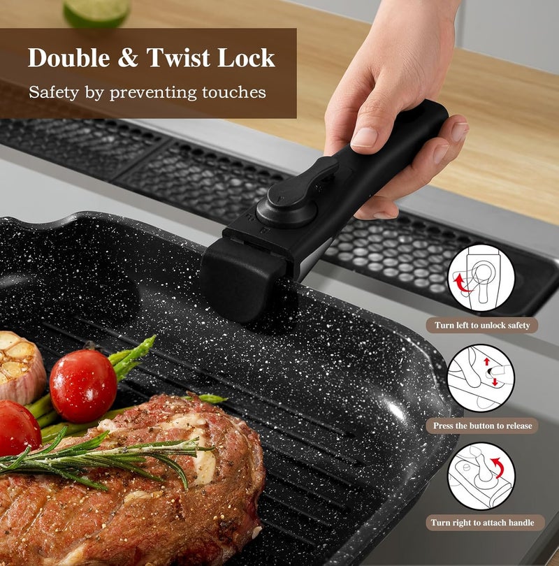 USELUCK 20 Pcs Pots and Pans Set Non Stick, Stackable Cookware Sets with Detachable Handle, Granite Induction RV Kitchen Portable Cooking Set Removable Handles, Dishwasher ＆ Oven Safe, Black - Image 4