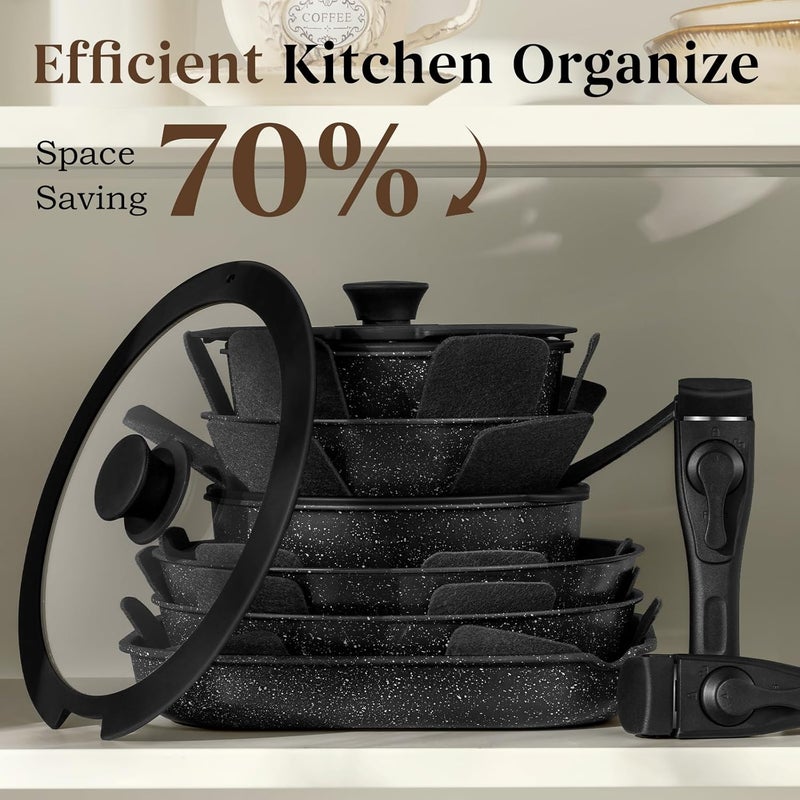 USELUCK 20 Pcs Pots and Pans Set Non Stick, Stackable Cookware Sets with Detachable Handle, Granite Induction RV Kitchen Portable Cooking Set Removable Handles, Dishwasher ＆ Oven Safe, Black - Image 2