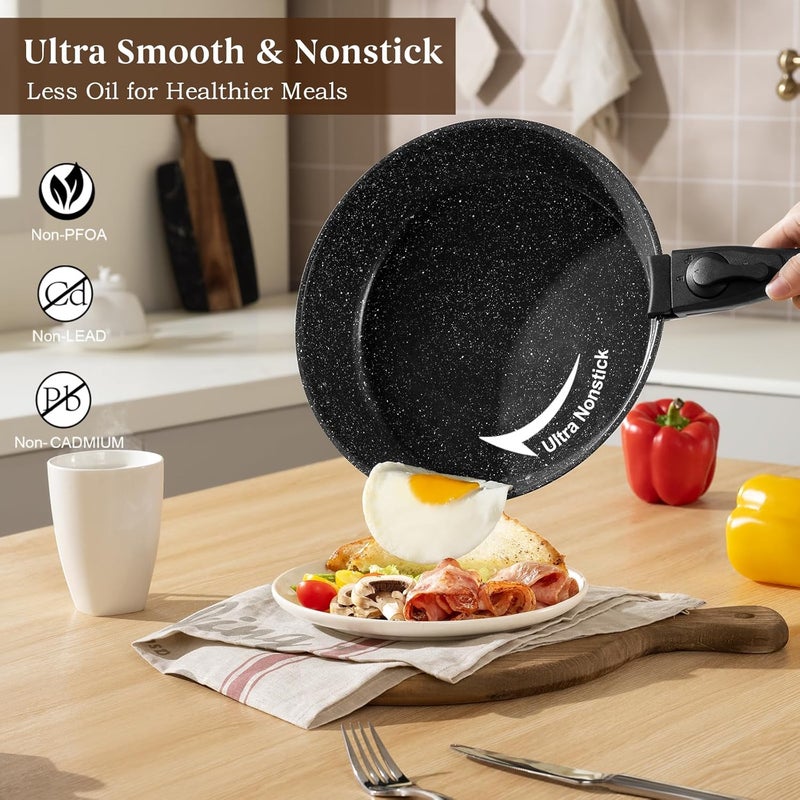 USELUCK 20 Pcs Pots and Pans Set Non Stick, Stackable Cookware Sets with Detachable Handle, Granite Induction RV Kitchen Portable Cooking Set Removable Handles, Dishwasher ＆ Oven Safe, Black - Image 3