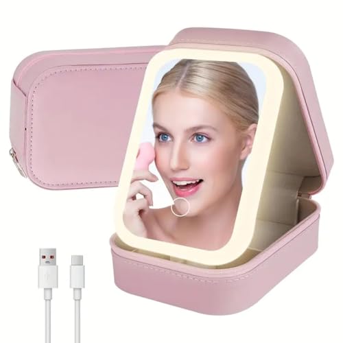 GNEY Portable LED Makeup Mirror Box with 3-Color Light, Rechargeable 1200mAh Battery, Touch Dimming, High-Definition Mirror, Leather Cosmetic Organizer with Divided Storage for Travel & Home - Image 1