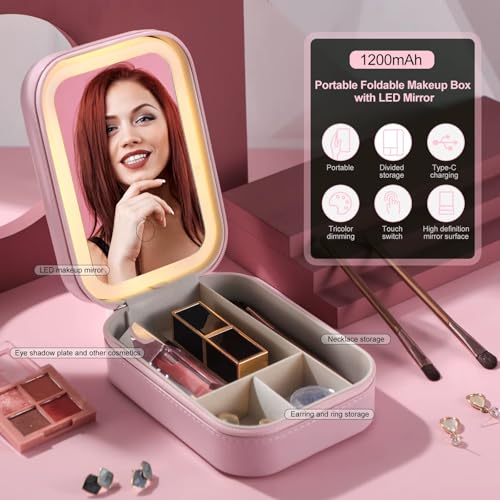 GNEY Portable LED Makeup Mirror Box with 3-Color Light, Rechargeable 1200mAh Battery, Touch Dimming, High-Definition Mirror, Leather Cosmetic Organizer with Divided Storage for Travel & Home - Image 2