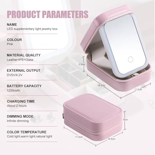 GNEY Portable LED Makeup Mirror Box with 3-Color Light, Rechargeable 1200mAh Battery, Touch Dimming, High-Definition Mirror, Leather Cosmetic Organizer with Divided Storage for Travel & Home - Image 3