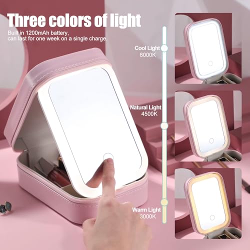 GNEY Portable LED Makeup Mirror Box with 3-Color Light, Rechargeable 1200mAh Battery, Touch Dimming, High-Definition Mirror, Leather Cosmetic Organizer with Divided Storage for Travel & Home - Image 4