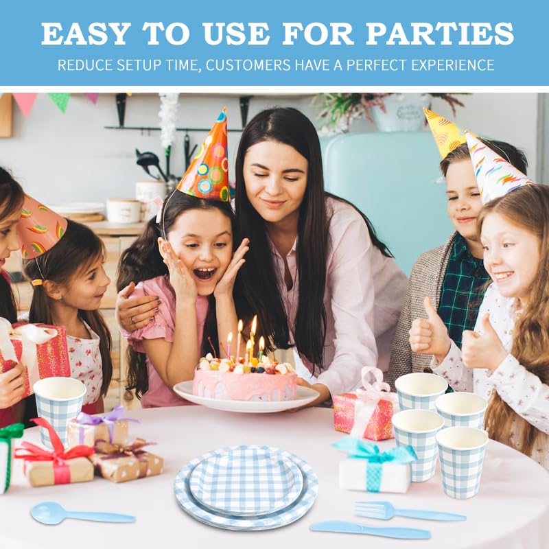 BHHQHH 168Pcs Gingham Party Supplies for 24 Guests Thick Paper Plates and Napkins Knives Spoons Forks Cups Disposable Party Set Cutlery for Dinner Baby Shower Wedding Favor(Blue) - Image 5