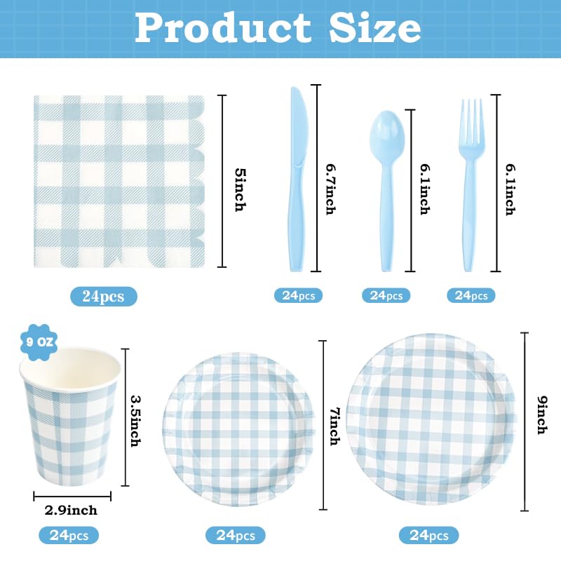 BHHQHH 168Pcs Gingham Party Supplies for 24 Guests Thick Paper Plates and Napkins Knives Spoons Forks Cups Disposable Party Set Cutlery for Dinner Baby Shower Wedding Favor(Blue) - Image 2