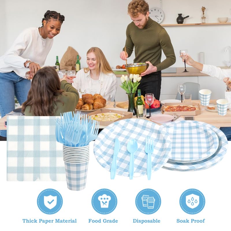 BHHQHH 168Pcs Gingham Party Supplies for 24 Guests Thick Paper Plates and Napkins Knives Spoons Forks Cups Disposable Party Set Cutlery for Dinner Baby Shower Wedding Favor(Blue) - Image 4