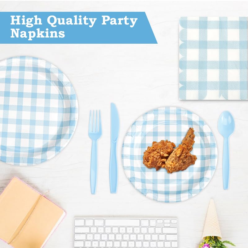 BHHQHH 168Pcs Gingham Party Supplies for 24 Guests Thick Paper Plates and Napkins Knives Spoons Forks Cups Disposable Party Set Cutlery for Dinner Baby Shower Wedding Favor(Blue) - Image 3