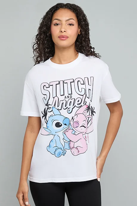 أر أند بي Angel & Stitch Print T-Shirt with Crew Neck and Short Sleeves