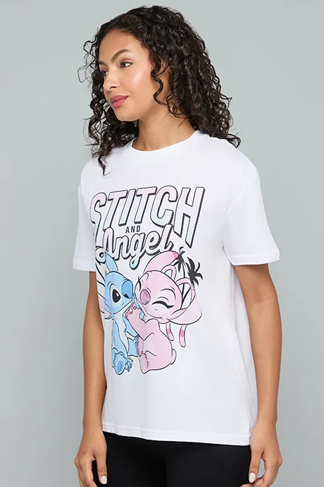 أر أند بي Angel & Stitch Print T-Shirt with Crew Neck and Short Sleeves
