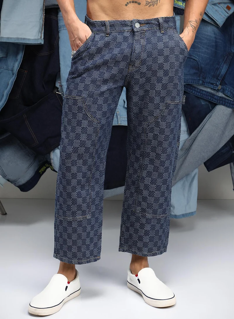 Campus Sutra Men's Navy Blue Checker Baggy Utility Denim Jeans