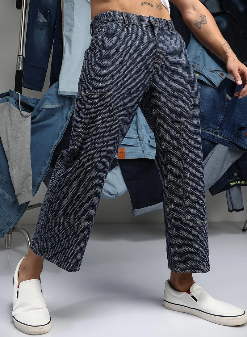 Campus Sutra Men's Navy Blue Checker Baggy Utility Denim Jeans