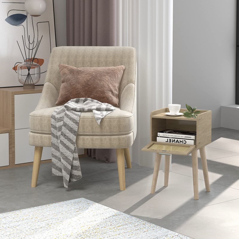 LAATOOREE Nightstand Set of 2, Small Bedside Table, End Table with Rattan Door, Boho Side Table with Solid Wood Legs for Bedroom Living Room Small Space - Image 2