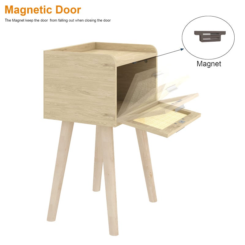 LAATOOREE Nightstand Set of 2, Small Bedside Table, End Table with Rattan Door, Boho Side Table with Solid Wood Legs for Bedroom Living Room Small Space - Image 4