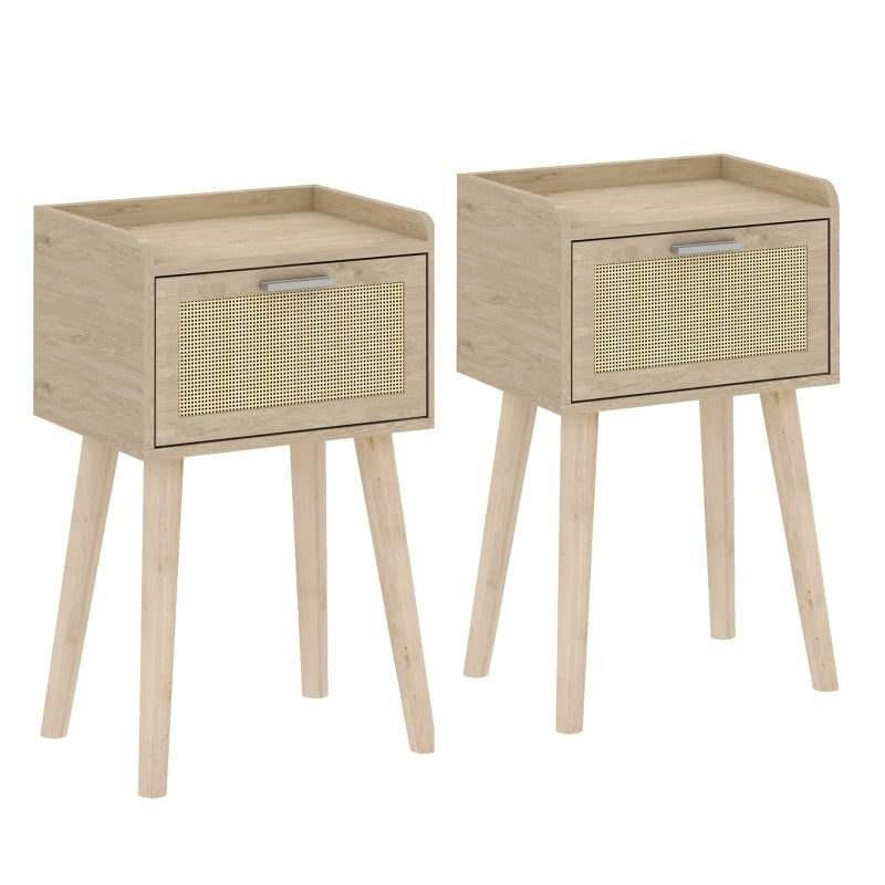 LAATOOREE Nightstand Set of 2, Small Bedside Table, End Table with Rattan Door, Boho Side Table with Solid Wood Legs for Bedroom Living Room Small Space - Image 1