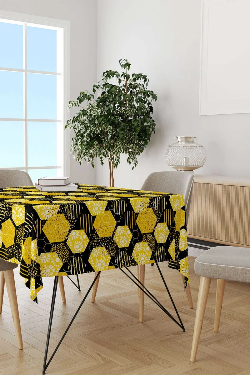 كانغو هوم Yellow Black Honeycomb Daisy Patterned Digital Printed Tablecloth CGH1192-MS