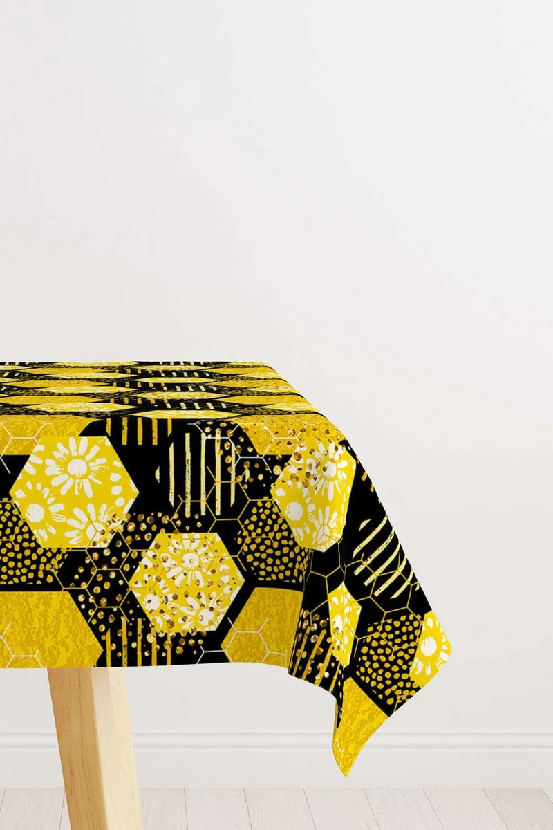 كانغو هوم Yellow Black Honeycomb Daisy Patterned Digital Printed Tablecloth CGH1192-MS