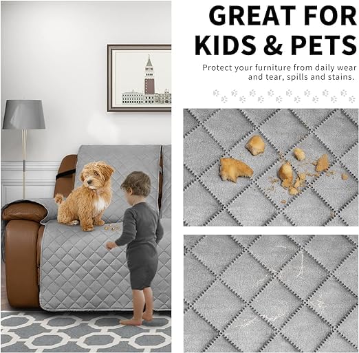 BLESSING PET SUPPLY EasyGoing Loveseat Recliner Cover Reversible Couch Cover for Double Recliner Split Sofa Cover for Each Seat Furniture Protector with Elastic Straps for Kids Dogs Pets 3 Seater Light Gray - Image 3