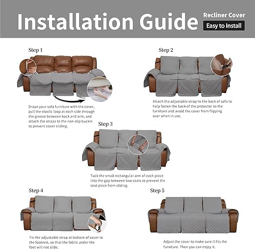 BLESSING PET SUPPLY EasyGoing Loveseat Recliner Cover Reversible Couch Cover for Double Recliner Split Sofa Cover for Each Seat Furniture Protector with Elastic Straps for Kids Dogs Pets 3 Seater Light Gray - Image 5