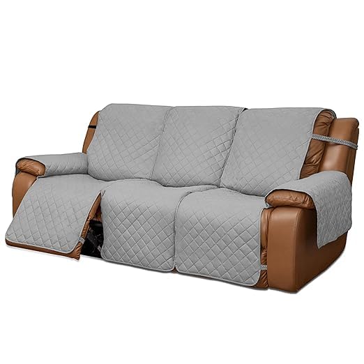 BLESSING PET SUPPLY EasyGoing Loveseat Recliner Cover Reversible Couch Cover for Double Recliner Split Sofa Cover for Each Seat Furniture Protector with Elastic Straps for Kids Dogs Pets 3 Seater Light Gray - Image 1