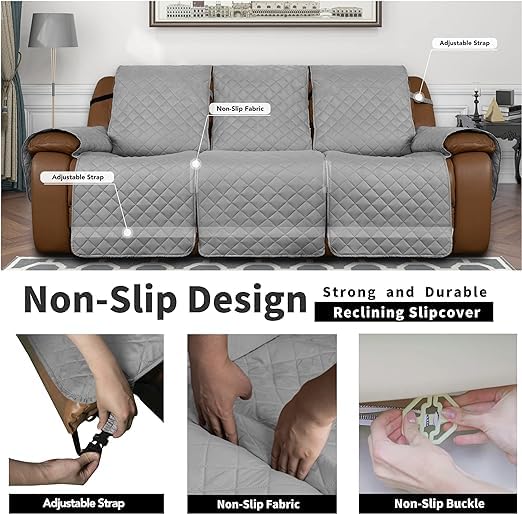 BLESSING PET SUPPLY EasyGoing Loveseat Recliner Cover Reversible Couch Cover for Double Recliner Split Sofa Cover for Each Seat Furniture Protector with Elastic Straps for Kids Dogs Pets 3 Seater Light Gray - Image 2