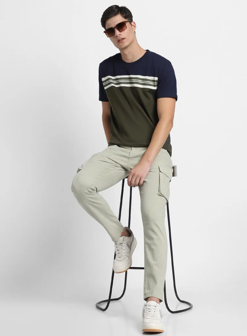 دينيس لينغو تيشيرت رجالي بقصة ضيقة وخطوط وياقة هينلي - قطن %، أكمام قصيرة، كاجوال