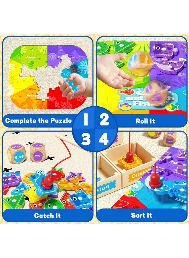 edutree Montessori Toys for Toddlers 1-3, Magnetic Fishing Game for Kids 2-4, Color & Shape Sorter Educational Learning Toys with Wooden Box & Puzzle for Boys Girls 3-5 - Image 2