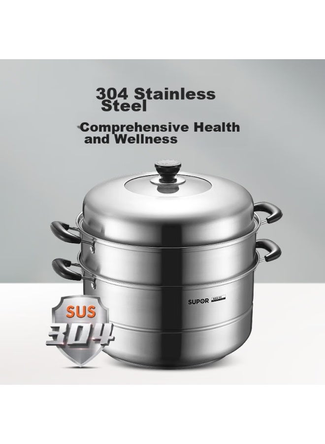 Supor Steamer Pot, 304 Stainless Steel, 32cm Large Size, High Dome Lid, Visible, Three-layer Base, For Steaming Fish And Soup, Steamer Basket, Sz32b17 - Image 3