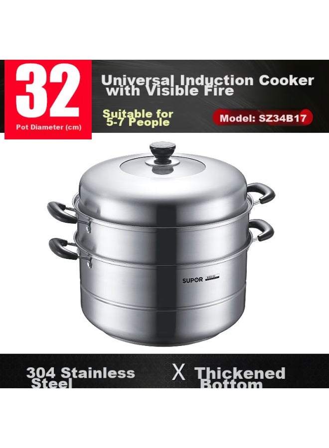 Supor Steamer Pot, 304 Stainless Steel, 32cm Large Size, High Dome Lid, Visible, Three-layer Base, For Steaming Fish And Soup, Steamer Basket, Sz32b17 - Image 1