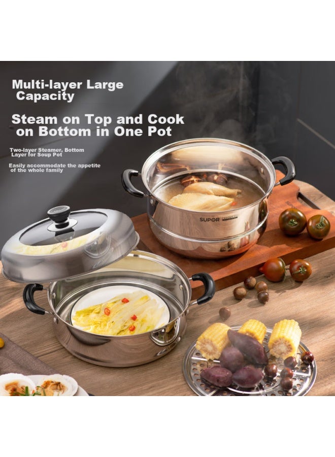 Supor Steamer Pot, 304 Stainless Steel, 32cm Large Size, High Dome Lid, Visible, Three-layer Base, For Steaming Fish And Soup, Steamer Basket, Sz32b17 - Image 4