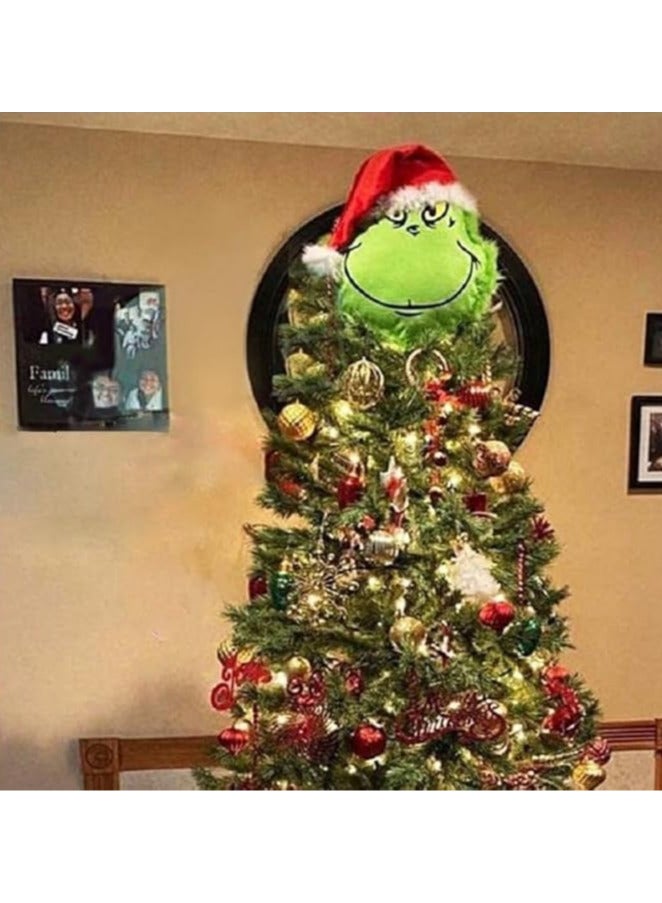 AUTOYSUR زينة شجرة عيد الميلاد الخضراء الفروية على شكل جرينش، رأس/أذرع/أرجل جنية لص لتزيين قمة شجرة عيد الميلاد وزينة حفلة رأس السنة الجديدة (رأس جنية) - Image 1