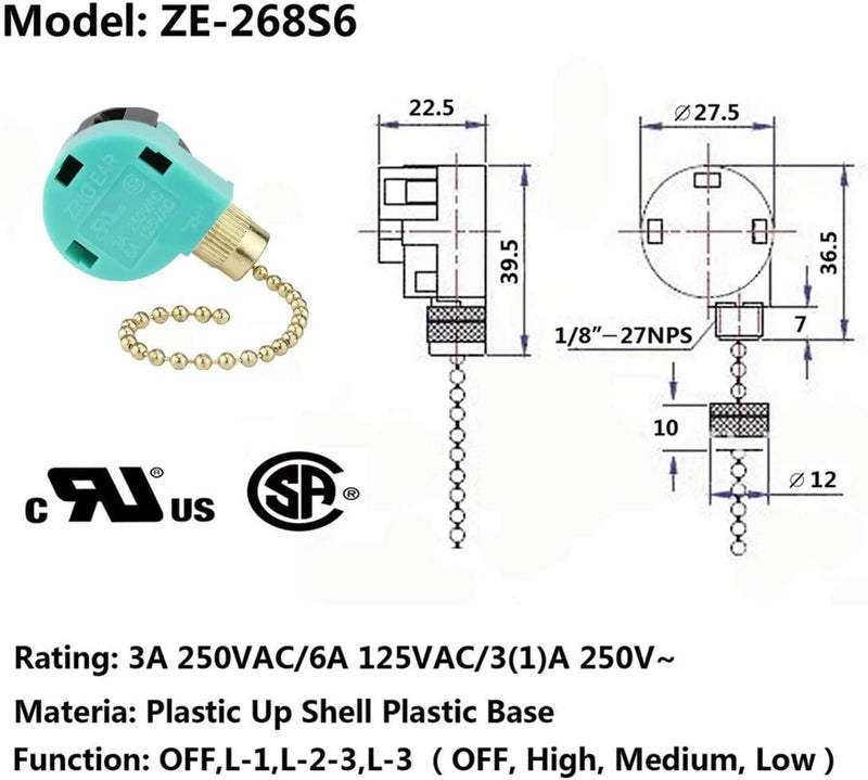 DAYONE Ceiling Fan 3 Speed Pull Chain Switch Control Replacement, 2PCS Brass - Image 3