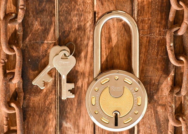 Remi Active Brass Combination Lock 50mm 8 Levers Double Locking with Long Shackle 3 Keys Padlock Silver