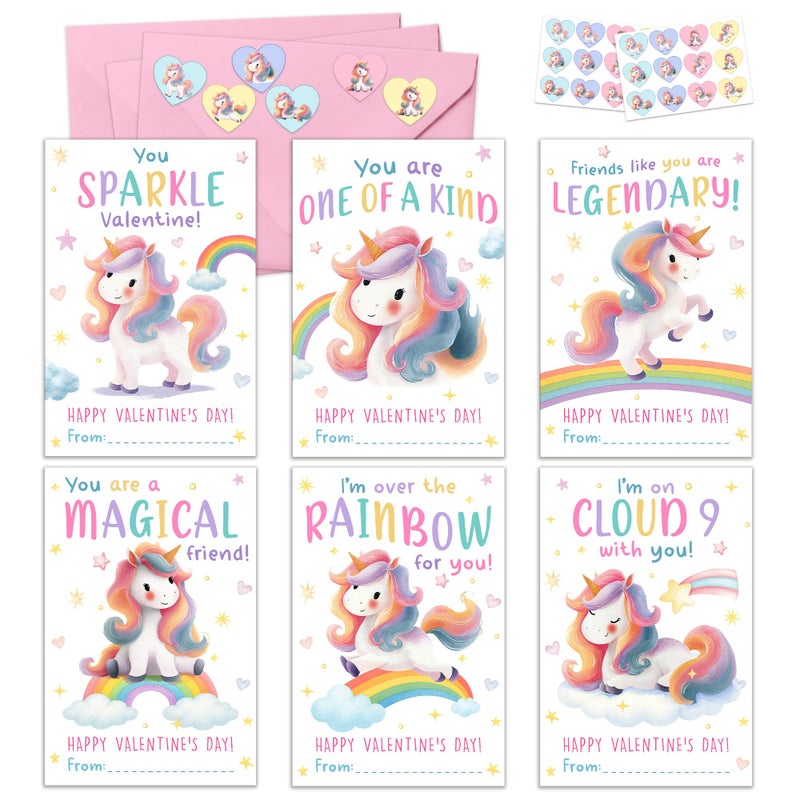 MAPDTWO 36 Packs Unicorn Valentines Cards - Unicorn Valentines Card for School Girls Class Classroom - Unicorns 6 Designs Exchange, 3.2''x 4.7'' Cards & Stickers, Envelopes - Image 1