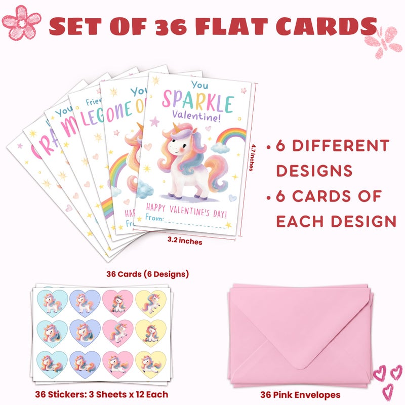MAPDTWO 36 Packs Unicorn Valentines Cards - Unicorn Valentines Card for School Girls Class Classroom - Unicorns 6 Designs Exchange, 3.2''x 4.7'' Cards & Stickers, Envelopes - Image 2