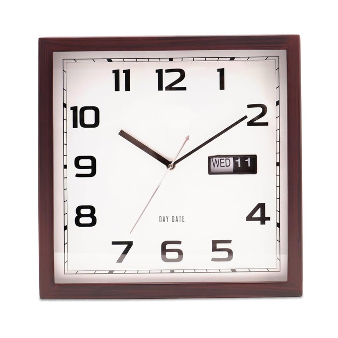 12.5 INCH QUARTZ WALL CLOCK - SQUARE ANALOG CLOCK WITH DAY & DATE DISPLAY FOR LIVING ROOM, OFFICE, KITCHEN & DINING ROOM (ROSEWOOD) (ROSEWOOD)