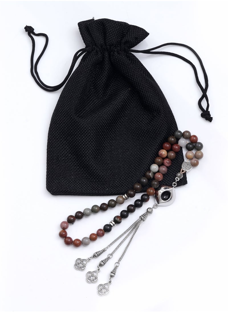 Subhati - Prayer Beads ( Misbah ) with metal Parts and Picasso Jasper Stone | 8 MM Beads - 45 Pcs - Image 1
