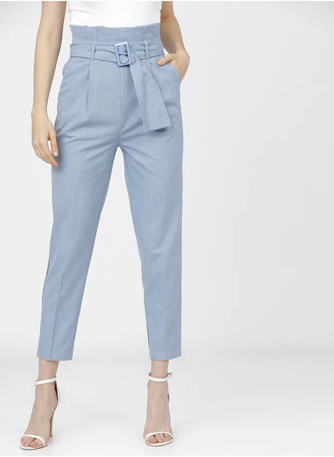 Tokyo Talkies High Rise Tapered Fit Crop Trousers with Belt