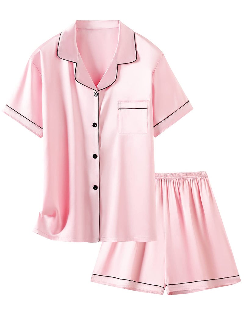 Schbbbta Satin Pajamas for Girls, 2 Pcs Sleepwear Short Silk Matching Summer Pajama Set for Girls, Bright Pink, 11-12 Years = Tag 160 - Image 1