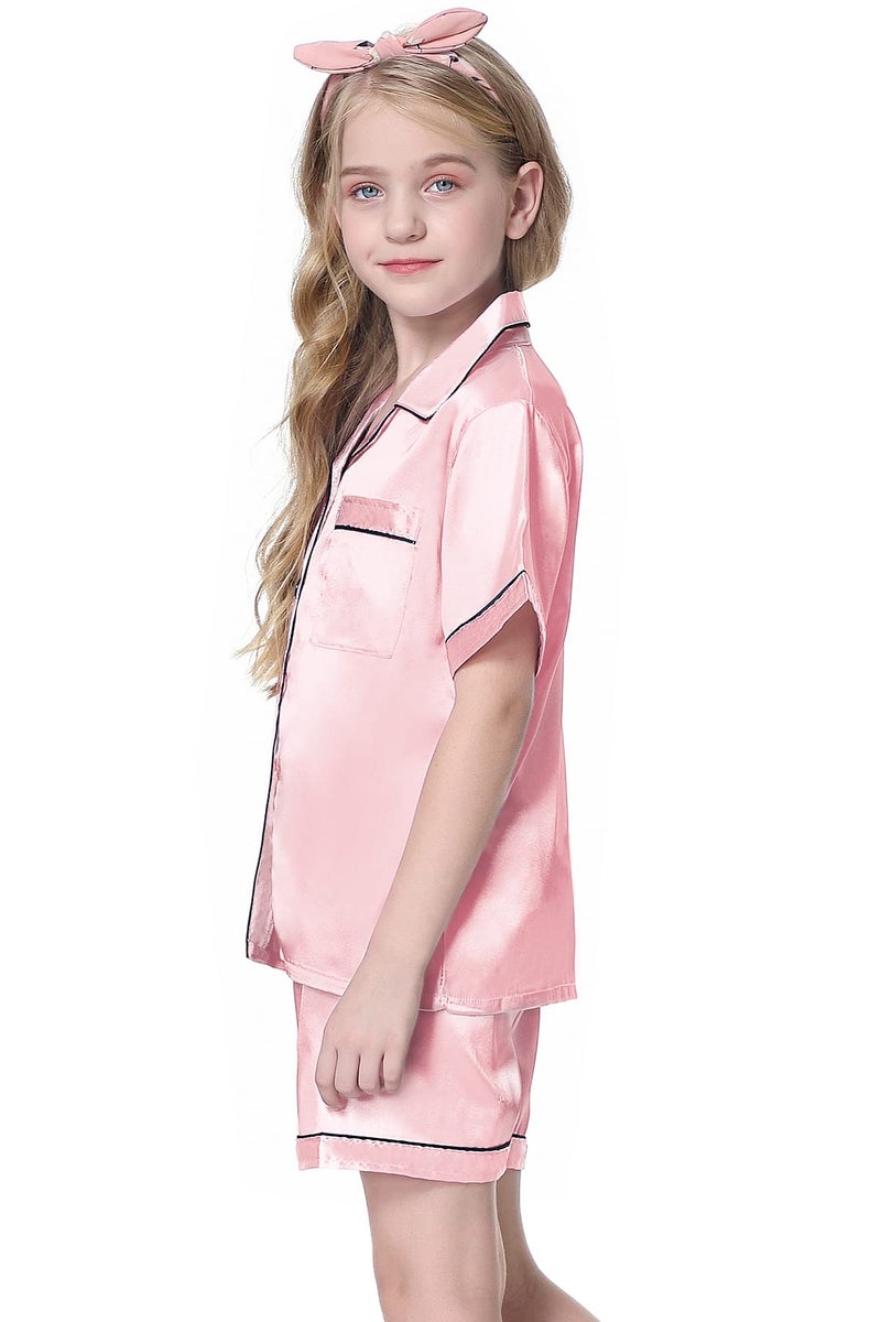 Schbbbta Satin Pajamas for Girls, 2 Pcs Sleepwear Short Silk Matching Summer Pajama Set for Girls, Bright Pink, 11-12 Years = Tag 160 - Image 3