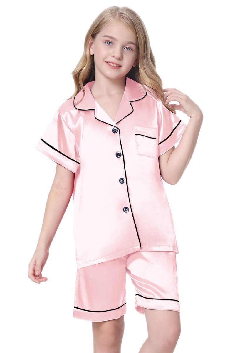 Schbbbta Satin Pajamas for Girls, 2 Pcs Sleepwear Short Silk Matching Summer Pajama Set for Girls, Bright Pink, 11-12 Years = Tag 160 - Image 4