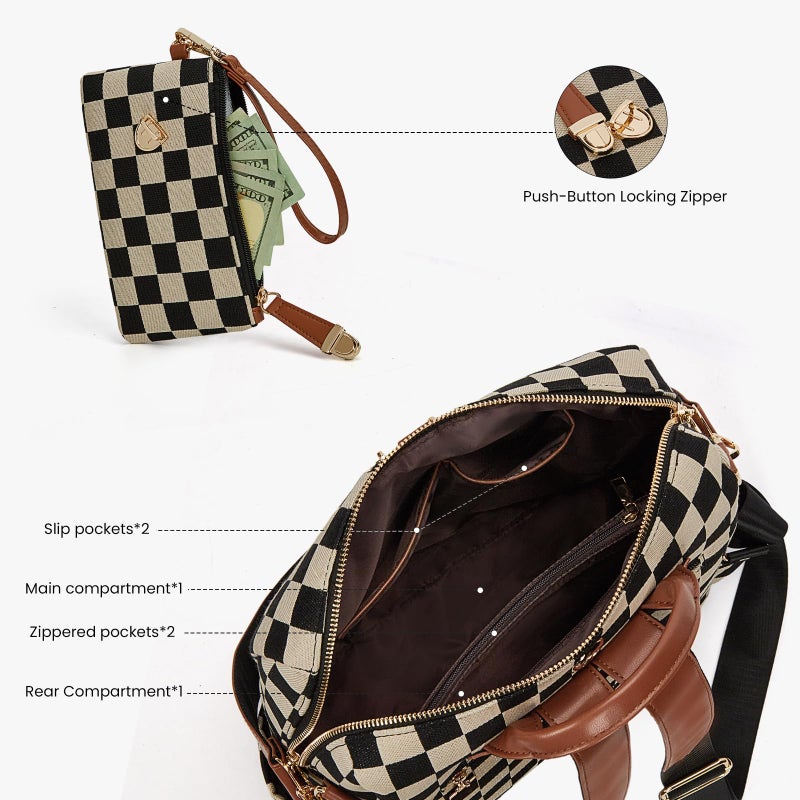 Lushandy Checkered Backpack Purse for Women, Brown Canvas Backpack Purse with Wallet Cherry Mom Everyday Backpacks for Work - Image 5
