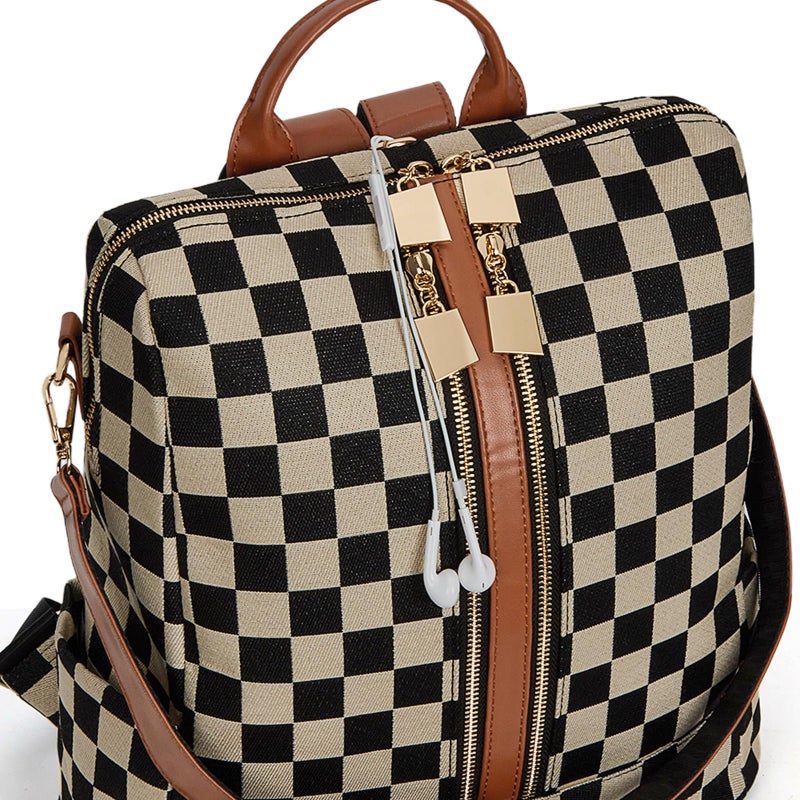 Lushandy Checkered Backpack Purse for Women, Brown Canvas Backpack Purse with Wallet Cherry Mom Everyday Backpacks for Work - Image 4