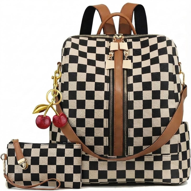 Lushandy Checkered Backpack Purse for Women, Brown Canvas Backpack Purse with Wallet Cherry Mom Everyday Backpacks for Work - Image 1